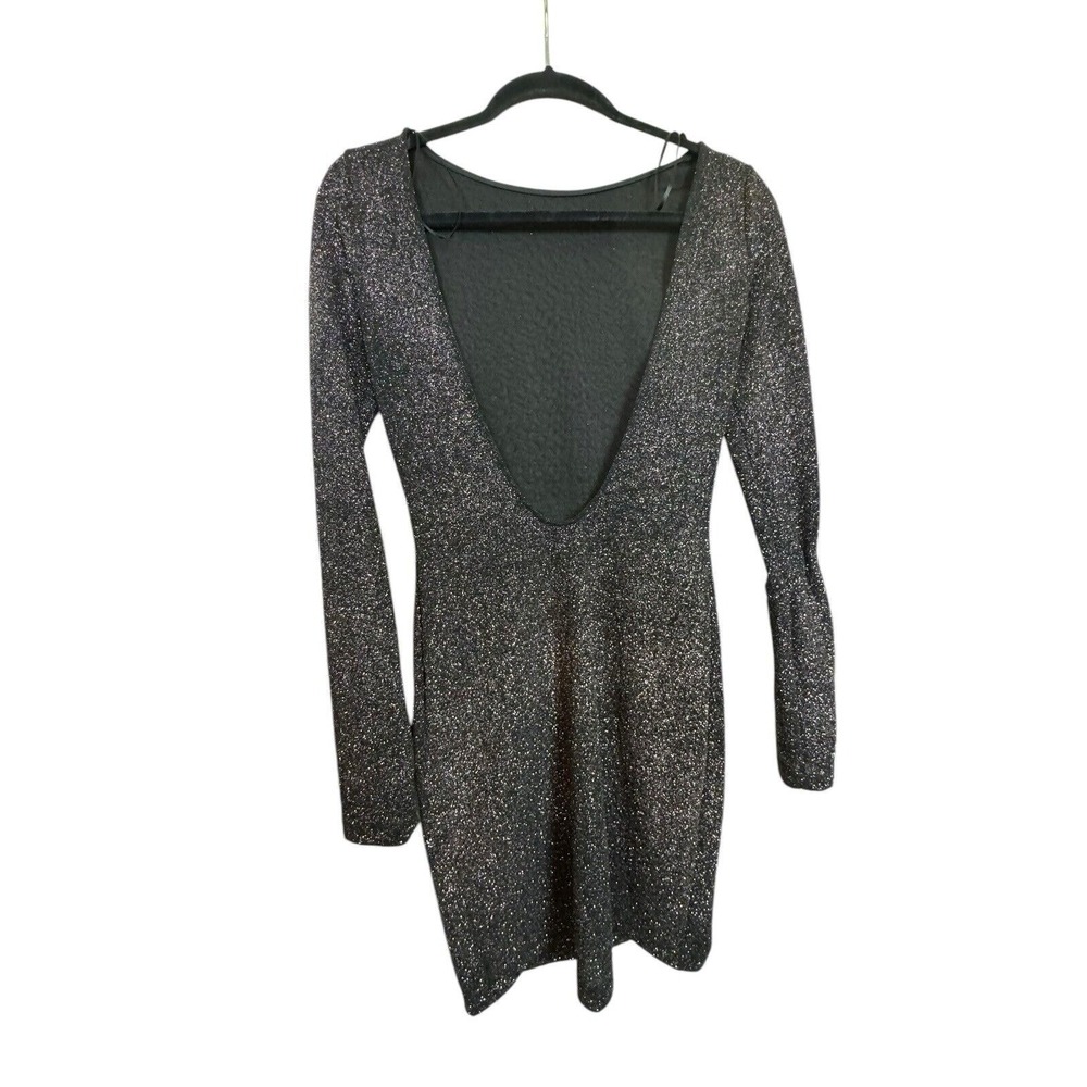 Lovely Day Black Glitter Dress Bodycon V Shaped Open Back Size Small